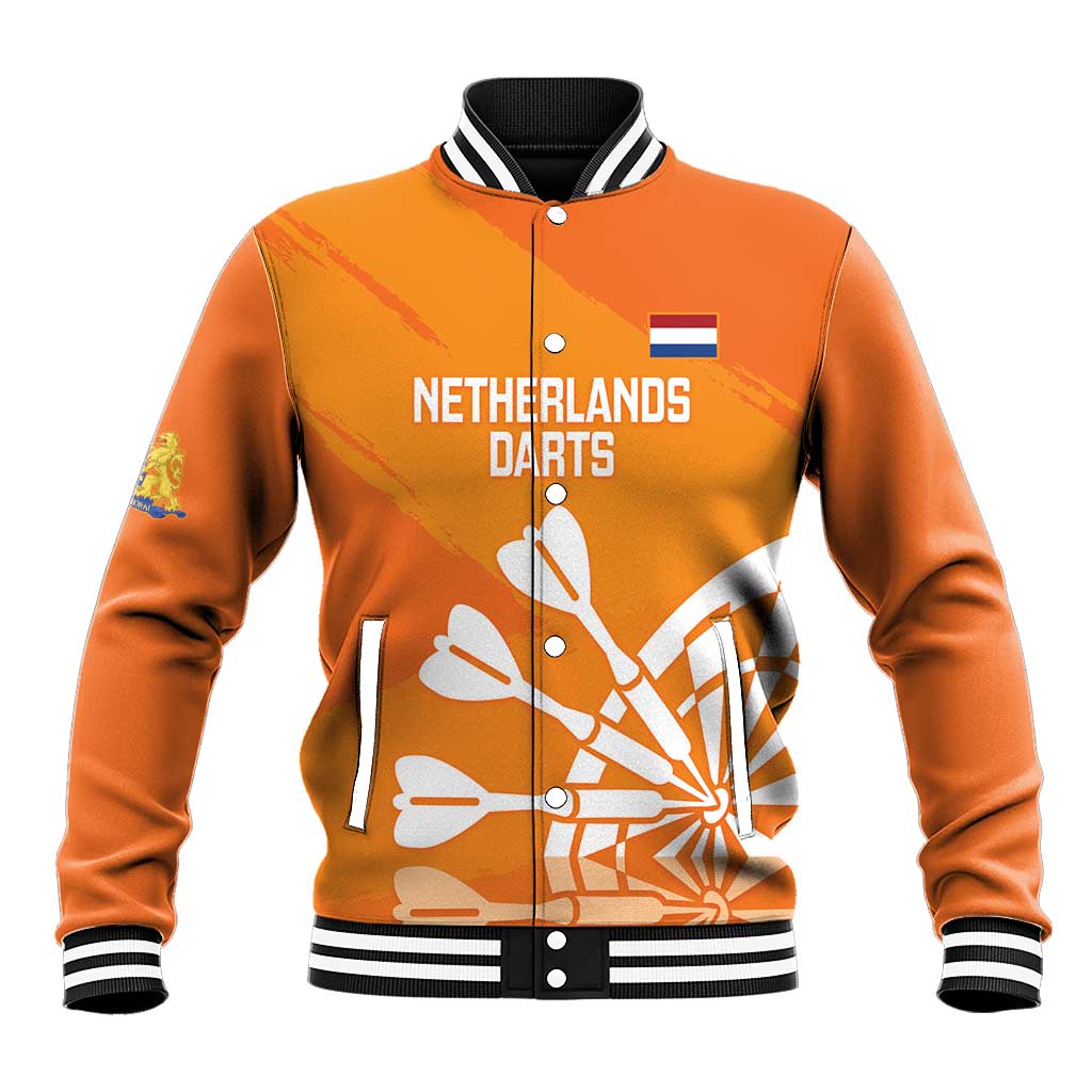 Orange baseball jacket with black-and-white ribbed collar and front darts graphic, NETHERLANDS DARTS