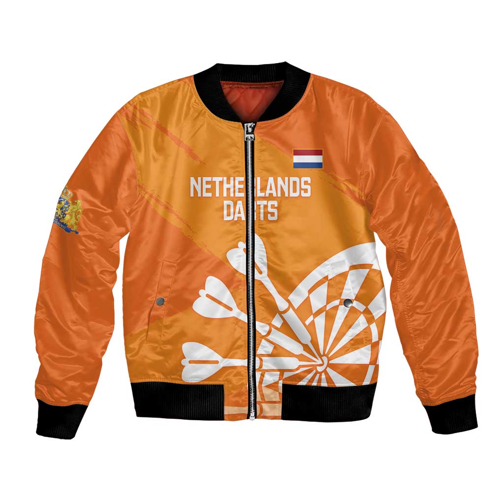 Orange darts bomber jacket with front zip, white dartboard and Netherlands flag graphic