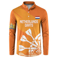 Orange long-sleeve henley sweatshirt with button placket, Netherlands darts front graphic