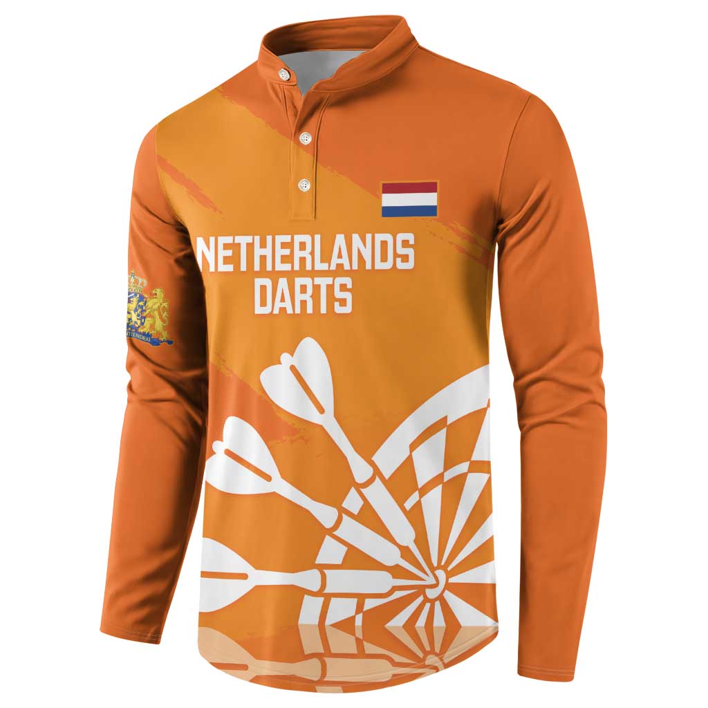 Orange long-sleeve henley sweatshirt with Netherlands darts front print and flag patch
