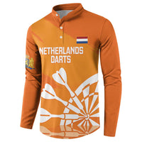 Orange long-sleeve henley sweatshirt with Netherlands darts front print and flag patch