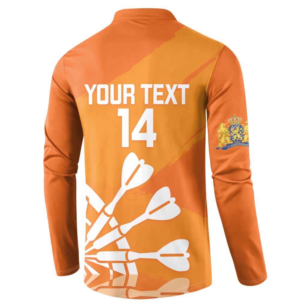 Orange long-sleeve henley sweatshirt with back text “YOUR TEXT 14” and darts graphic