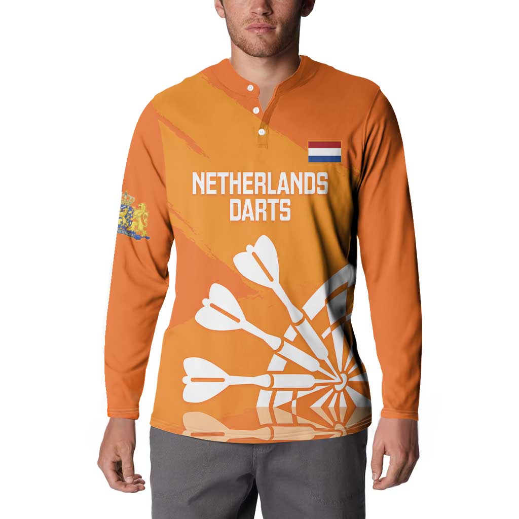 Orange henley sweatshirt with Netherlands darts front graphic and sleeve crest patch