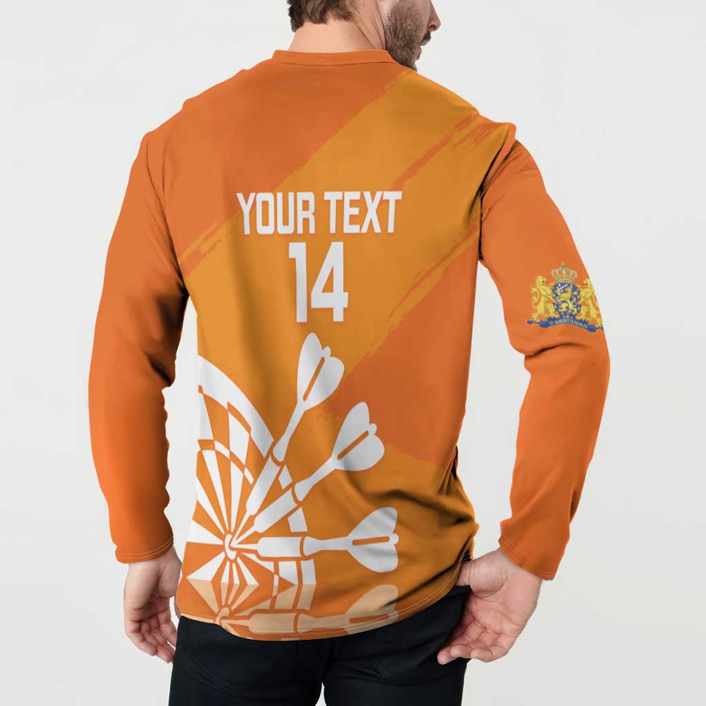 Orange henley sweatshirt back “YOUR TEXT 14” with darts graphic and sleeve crest