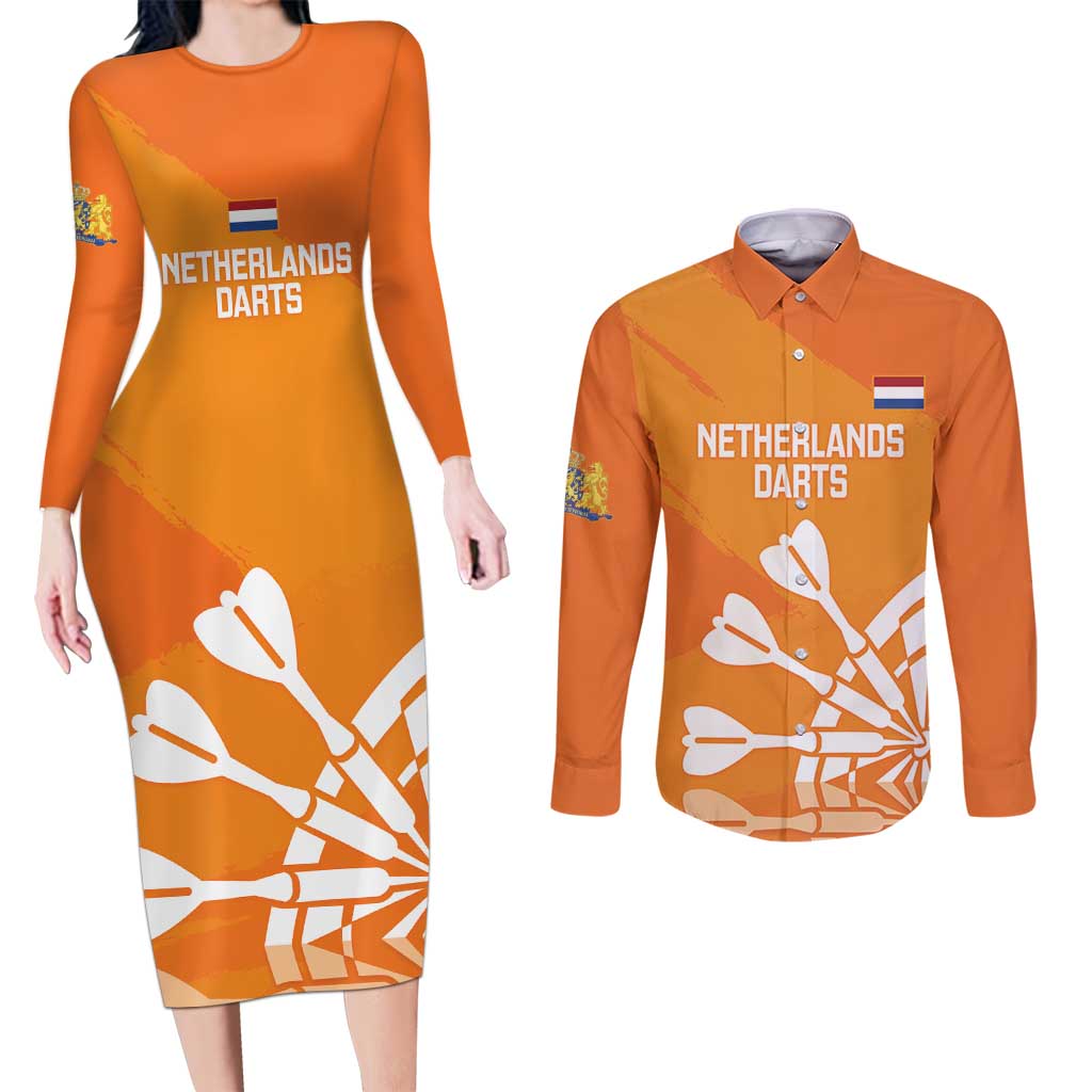 Personalised Netherlands Darts Couples Matching Long Sleeve Bodycon Dress and Long Sleeve Button Shirt Holland National Color - Grunge Style - Wonder Print Shop