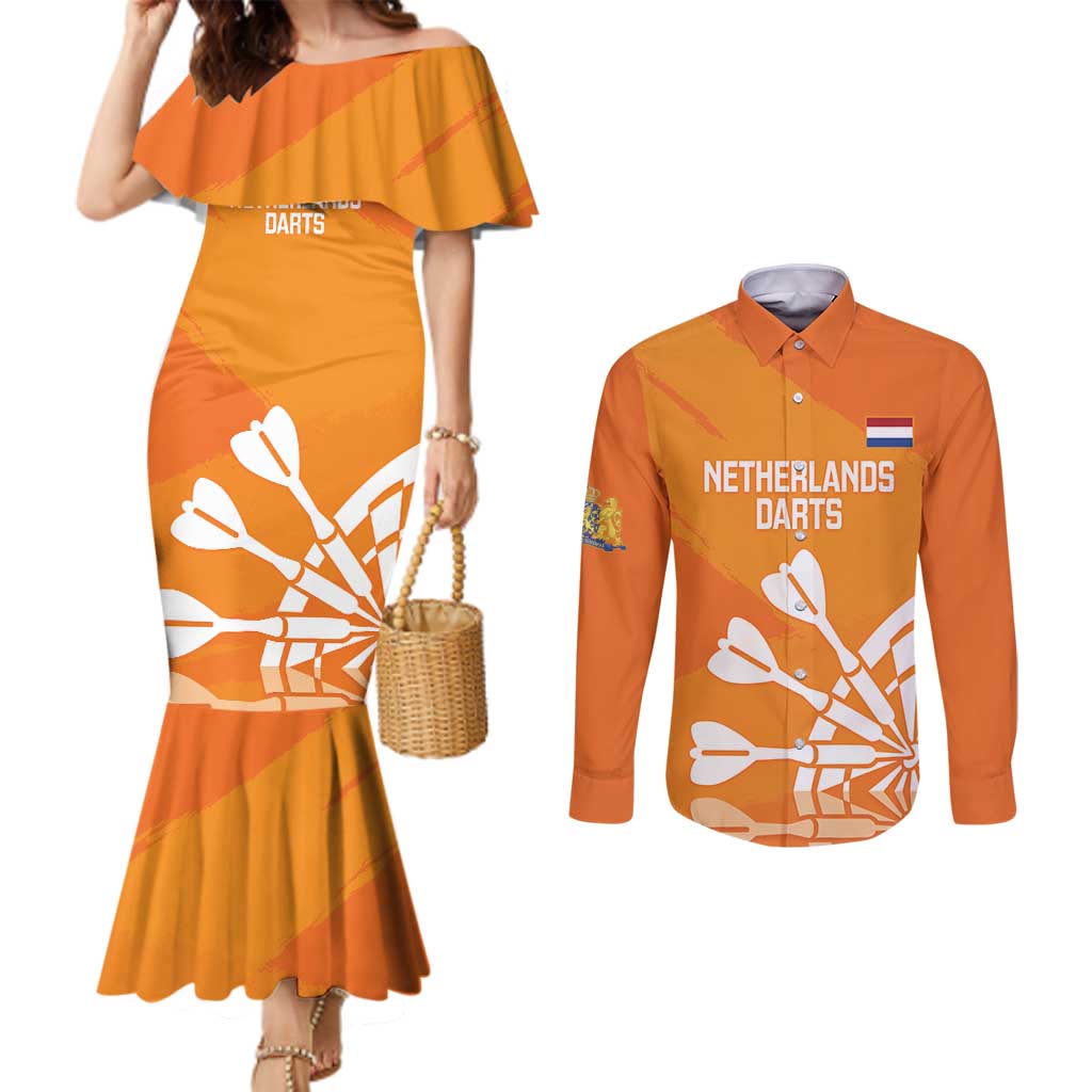 Personalised Netherlands Darts Couples Matching Mermaid Dress and Long Sleeve Button Shirt Holland National Color - Grunge Style