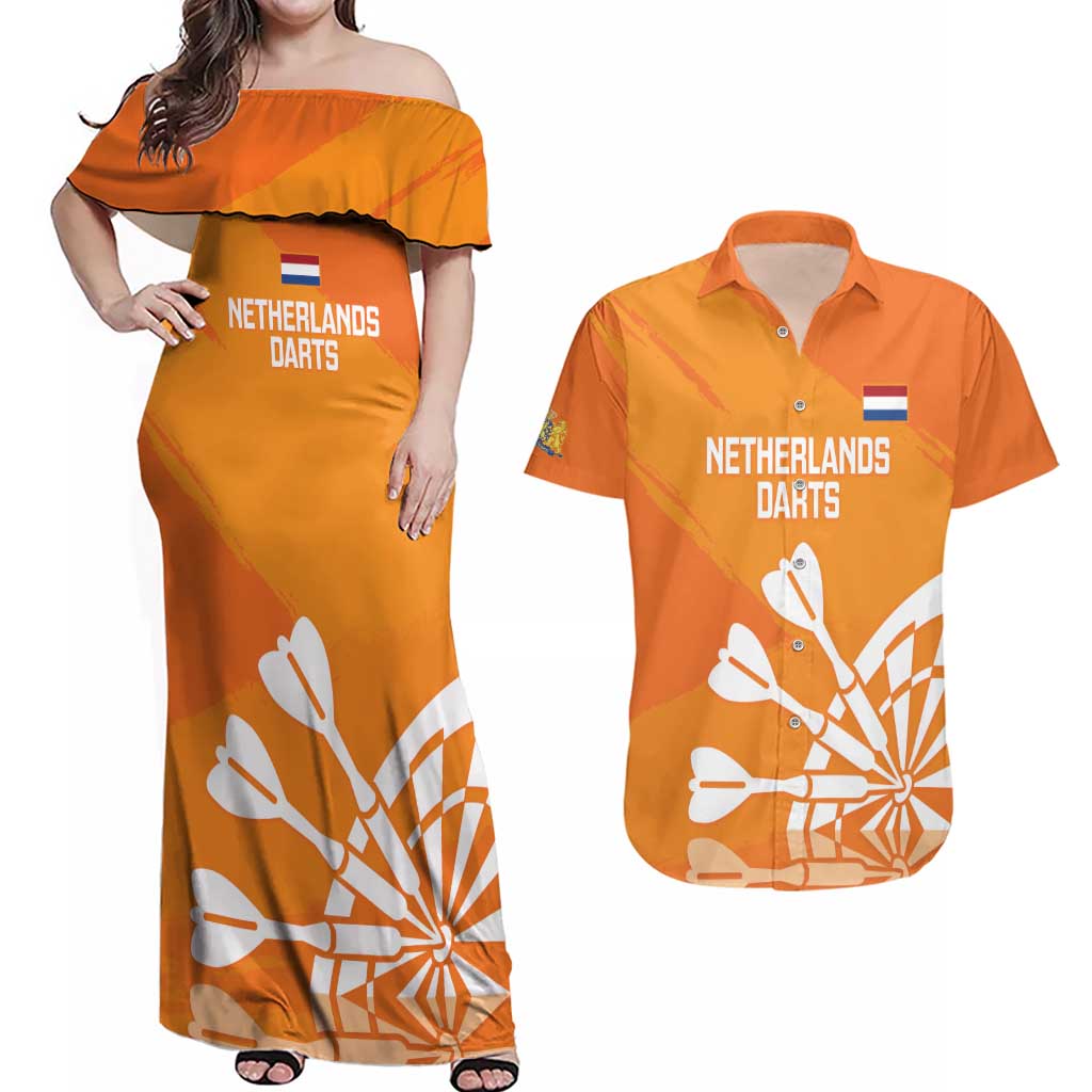 Personalised Netherlands Darts Couples Matching Off Shoulder Maxi Dress and Hawaiian Shirt Holland National Color - Grunge Style - Wonder Print Shop