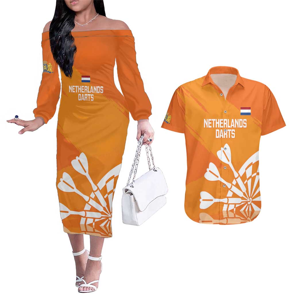 Personalised Netherlands Darts Couples Matching Off The Shoulder Long Sleeve Dress and Hawaiian Shirt Holland National Color - Grunge Style - Wonder Print Shop