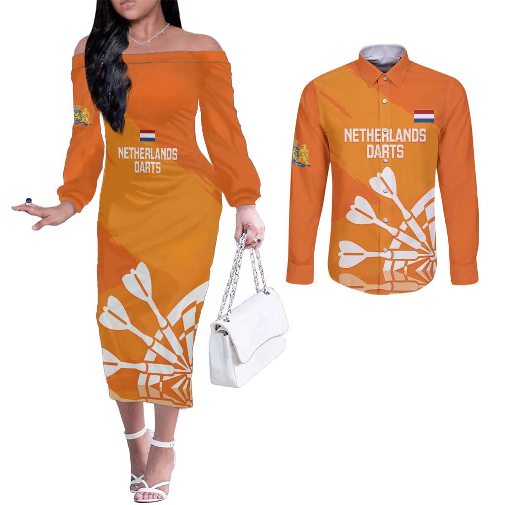 Personalised Netherlands Darts Couples Matching Off The Shoulder Long Sleeve Dress and Long Sleeve Button Shirt Holland National Color - Grunge Style