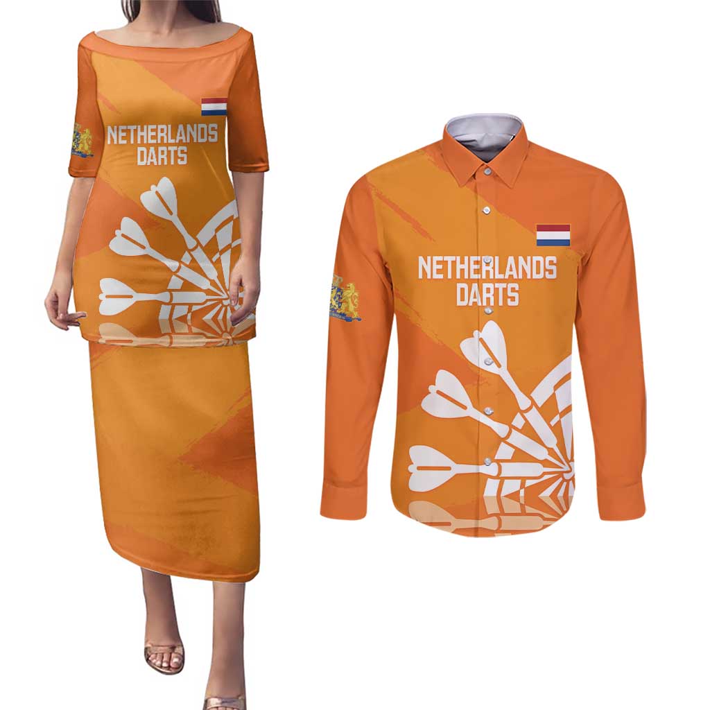 Personalised Netherlands Darts Couples Matching Puletasi and Long Sleeve Button Shirt Holland National Color - Grunge Style - Wonder Print Shop