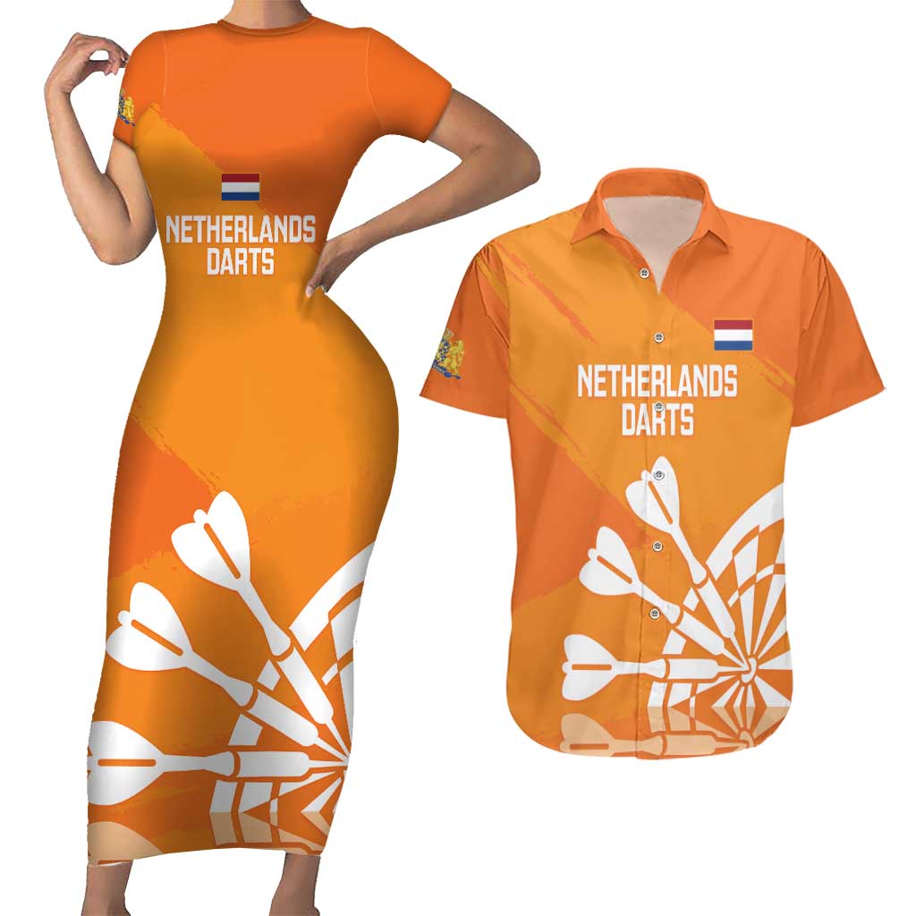 Personalised Netherlands Darts Couples Matching Short Sleeve Bodycon Dress and Hawaiian Shirt Holland National Color - Grunge Style - Wonder Print Shop