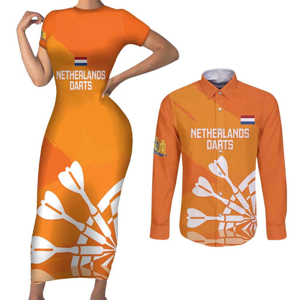 Personalised Netherlands Darts Couples Matching Short Sleeve Bodycon Dress and Long Sleeve Button Shirt Holland National Color - Grunge Style - Wonder Print Shop