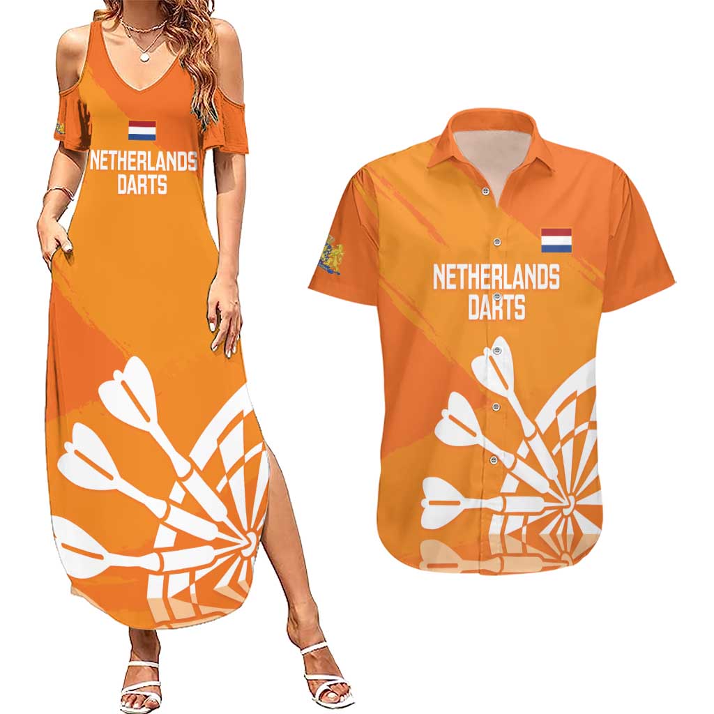 Personalised Netherlands Darts Couples Matching Summer Maxi Dress and Hawaiian Shirt Holland National Color - Grunge Style - Wonder Print Shop