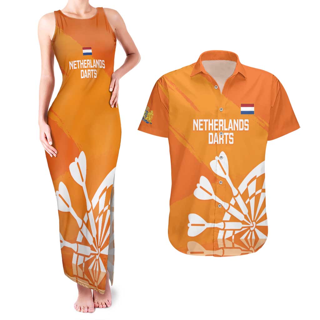 Personalised Netherlands Darts Couples Matching Tank Maxi Dress and Hawaiian Shirt Holland National Color - Grunge Style - Wonder Print Shop