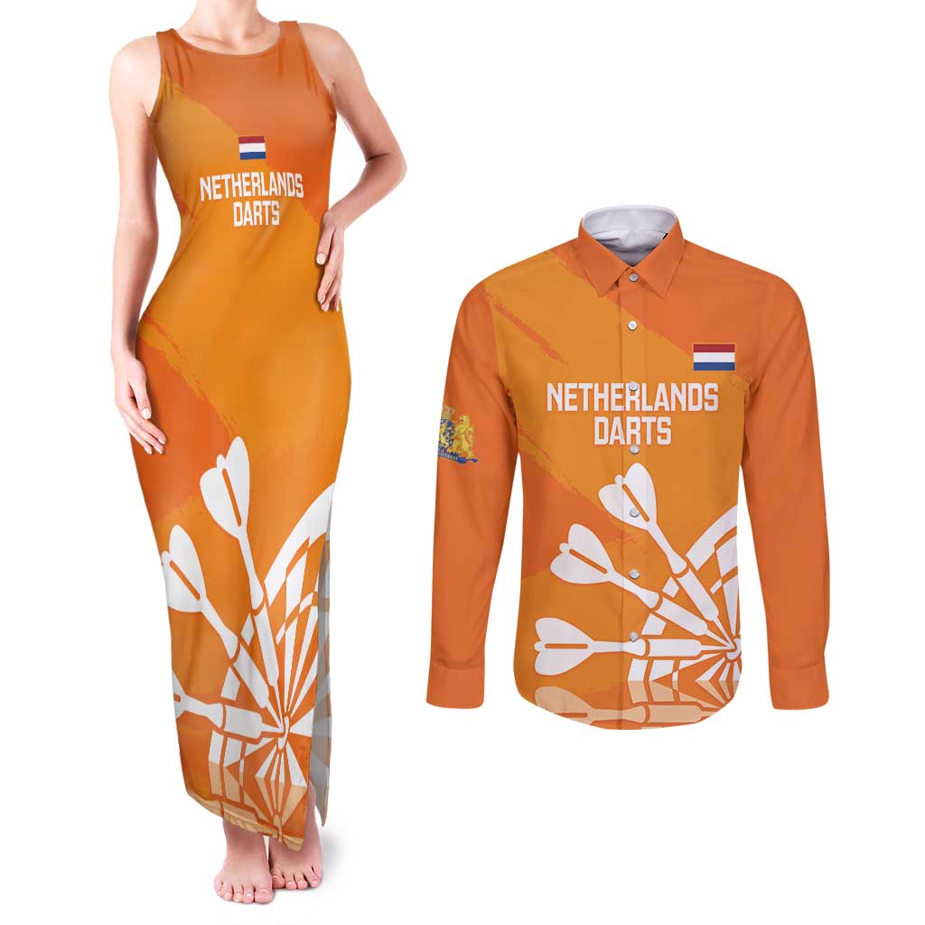 Personalised Netherlands Darts Couples Matching Tank Maxi Dress and Long Sleeve Button Shirt Holland National Color - Grunge Style - Wonder Print Shop