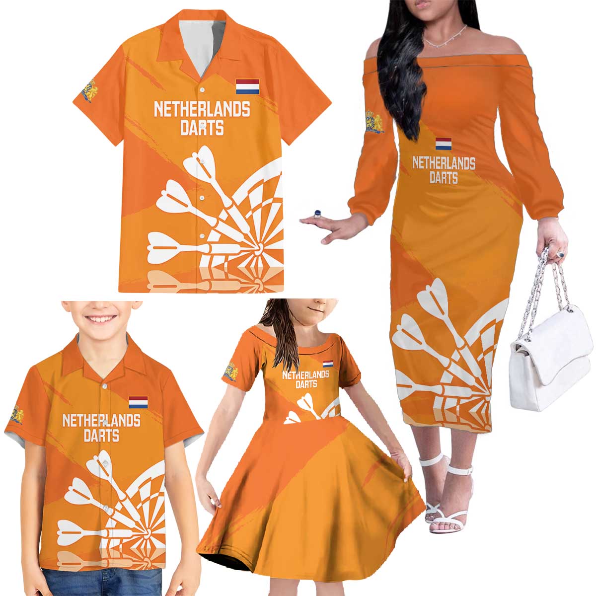 Personalised Netherlands Darts Family Matching Off The Shoulder Long Sleeve Dress and Hawaiian Shirt Holland National Color - Grunge Style - Wonder Print Shop