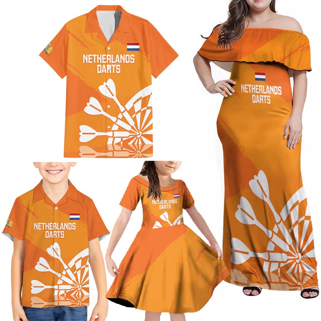 Personalised Netherlands Darts Family Matching Off Shoulder Maxi Dress and Hawaiian Shirt Holland National Color - Grunge Style - Wonder Print Shop