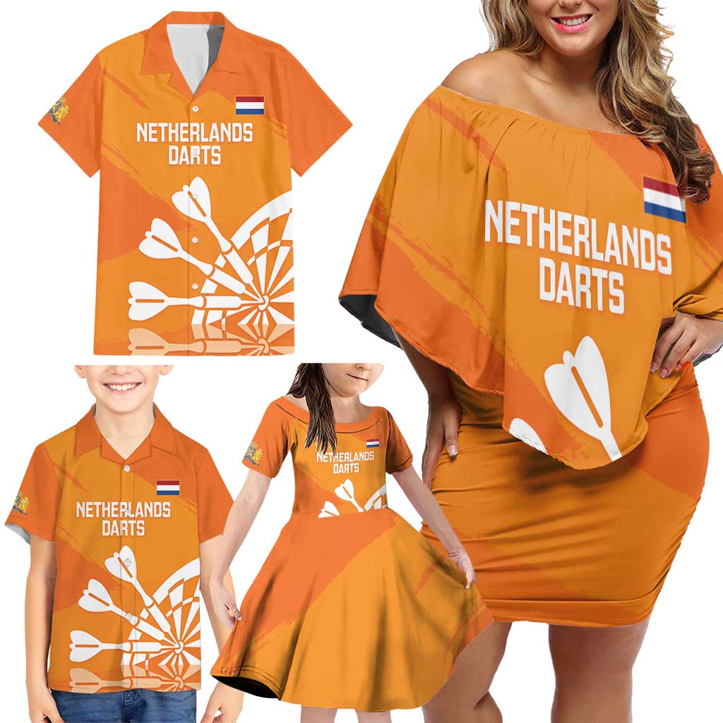 Personalised Netherlands Darts Family Matching Off Shoulder Short Dress and Hawaiian Shirt Holland National Color - Grunge Style - Wonder Print Shop