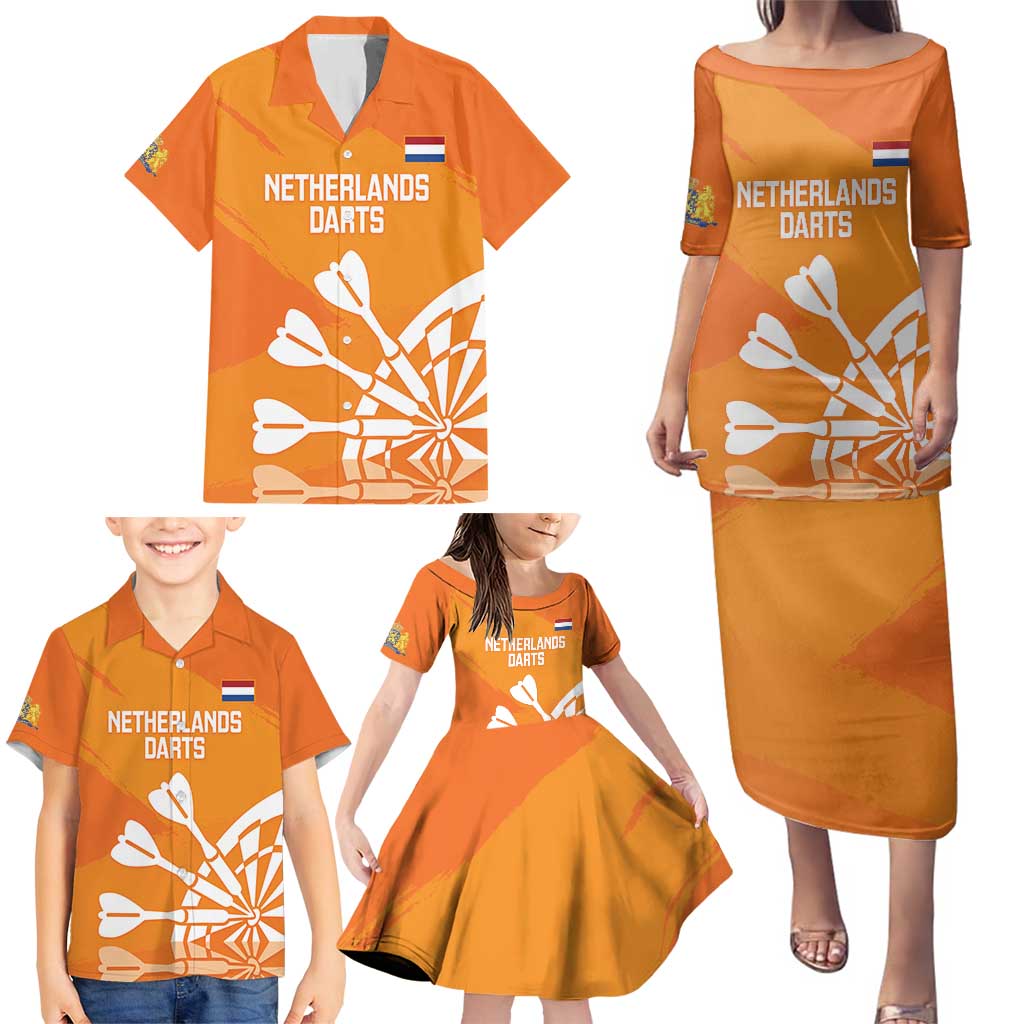 Personalised Netherlands Darts Family Matching Puletasi and Hawaiian Shirt Holland National Color - Grunge Style - Wonder Print Shop