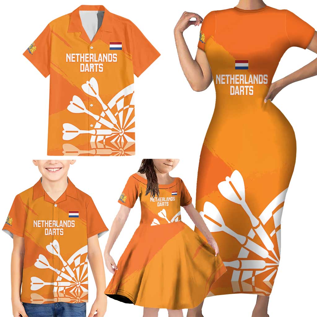 Personalised Netherlands Darts Family Matching Short Sleeve Bodycon Dress and Hawaiian Shirt Holland National Color - Grunge Style - Wonder Print Shop