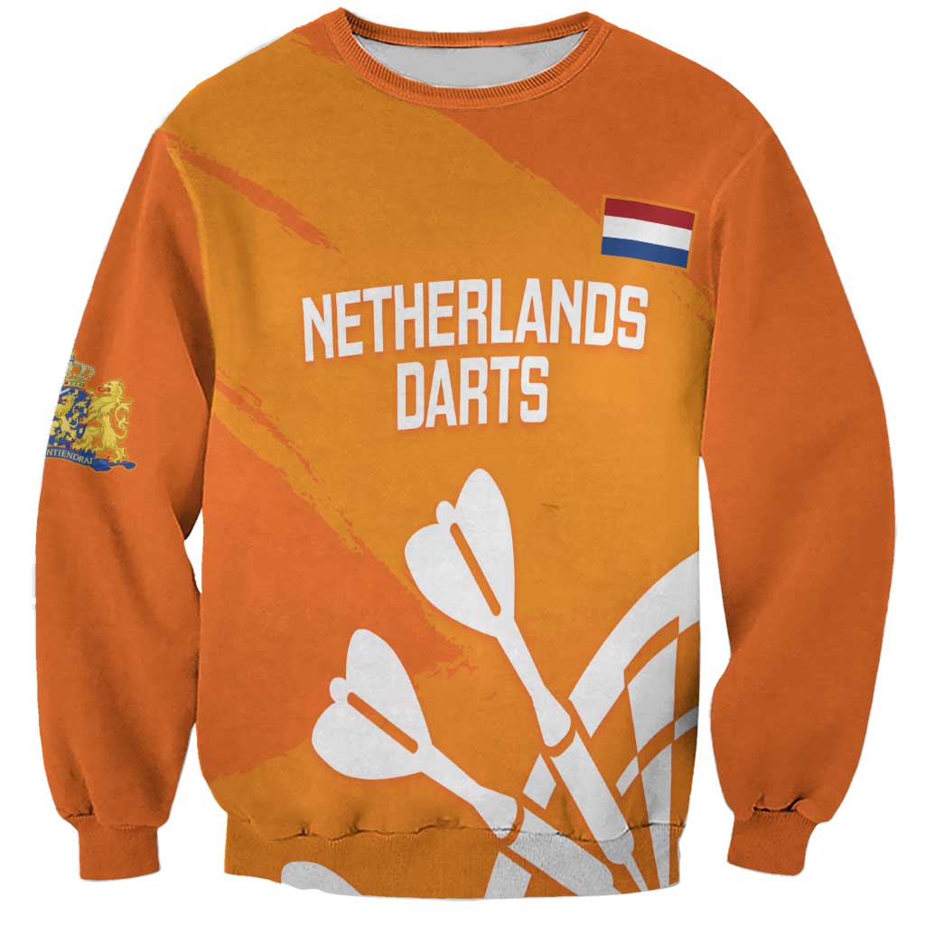Orange sweatshirt with Netherlands darts graphic and flag patch on front