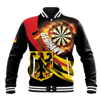 Black baseball varsity jacket with dartboard flame graphic, striped collar and cuffs