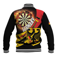 Back view black baseball varsity jacket with dartboard flame graphic, striped hem and collar