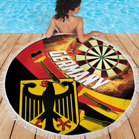 Round 150cm beach blanket with white fringe, fiery dartboard and Germany word art