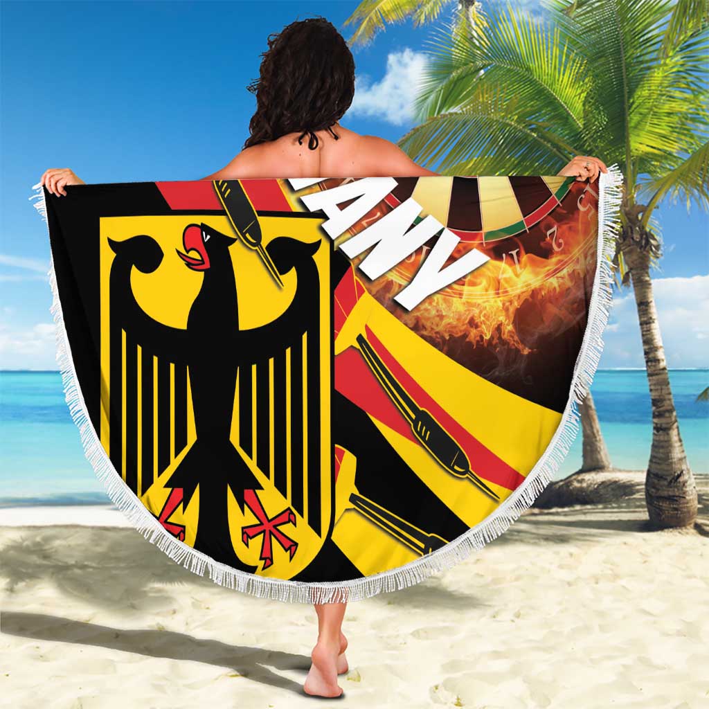 Round 150cm beach blanket with white fringe, Germany crest and dartboard flames