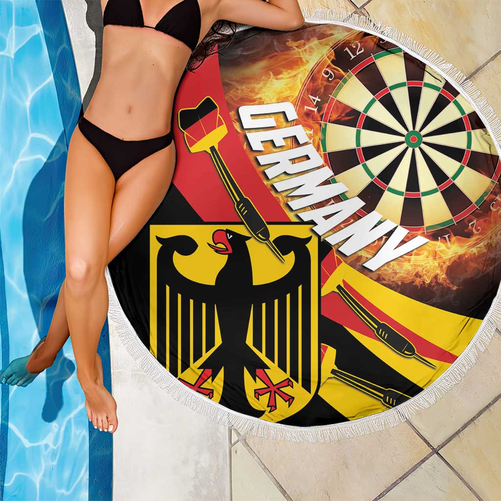 Round 150cm beach blanket with white fringe, fiery dartboard and Germany shield graphic