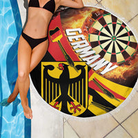 Round 150cm beach blanket with white fringe, fiery dartboard and Germany shield graphic