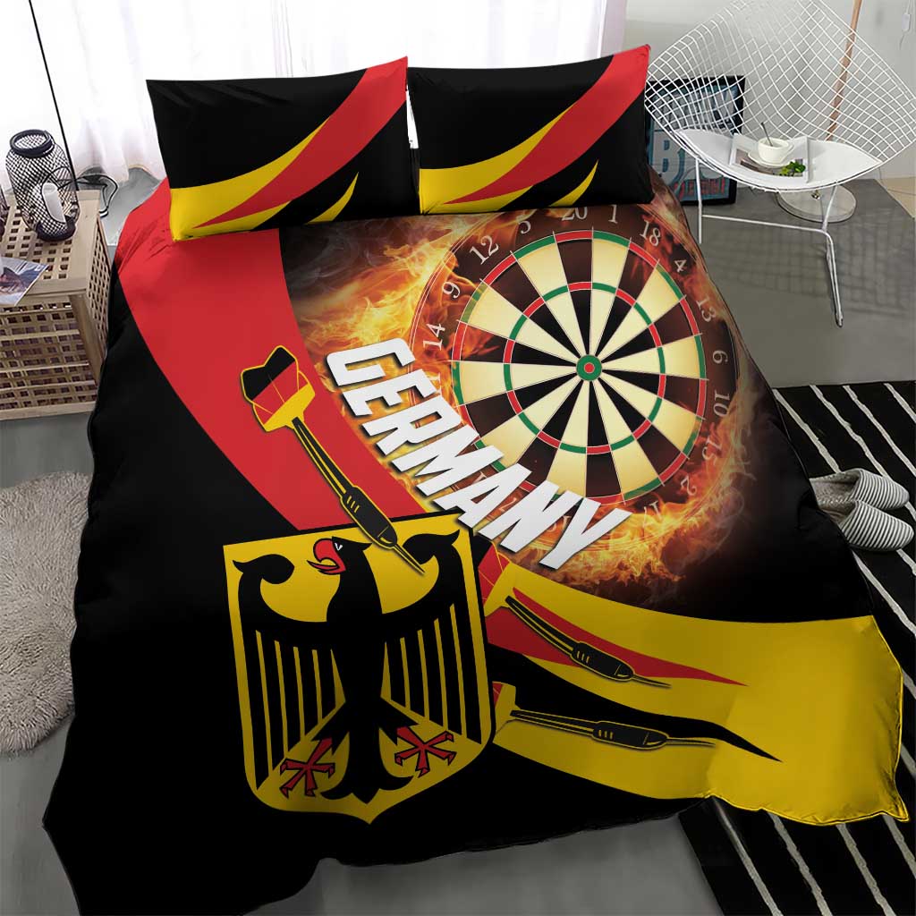 Black duvet cover close-up with dartboard, guitar-like text, and flaming burst graphics