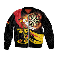 Unisex black bomber jacket with flaming dartboard, Germany graphic, front zipper