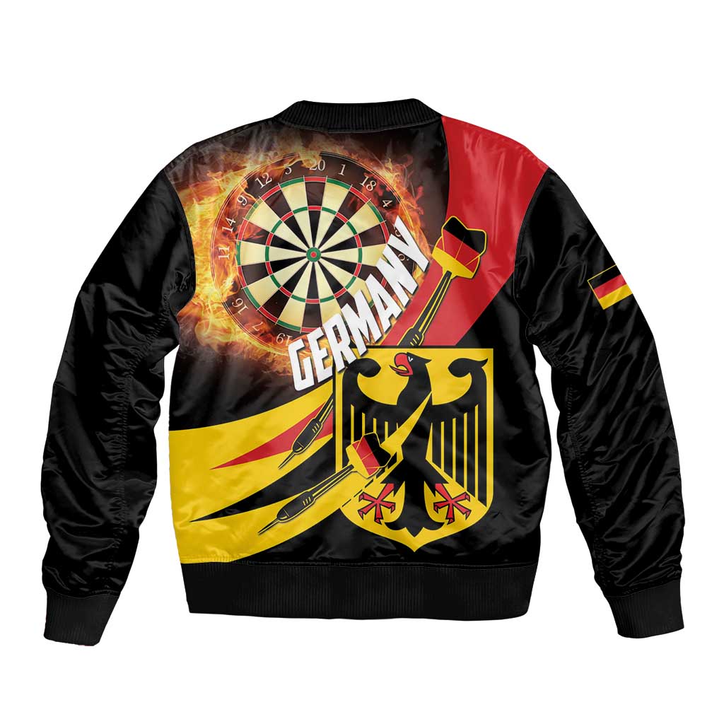 Unisex black bomber jacket with flaming dartboard, Germany text, back graphic