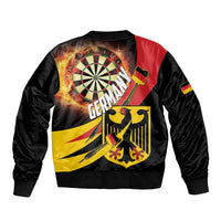 Unisex black bomber jacket with flaming dartboard, Germany text, back graphic