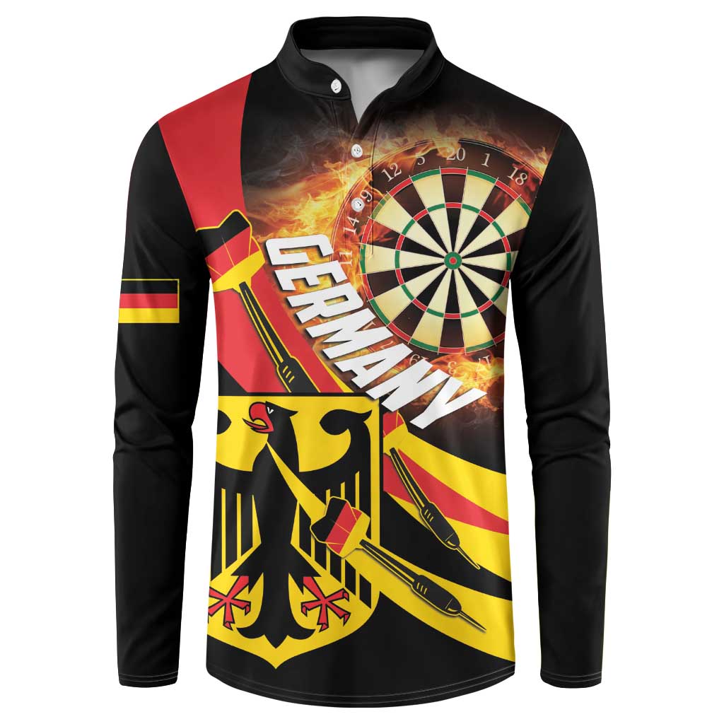 Black button-front sweatshirt with flaming dartboard and Germany flag graphic