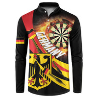Black button-front sweatshirt with flaming dartboard and Germany flag graphic