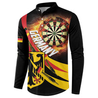 Black button-front sweatshirt with flaming dartboard graphic and Germany flag design