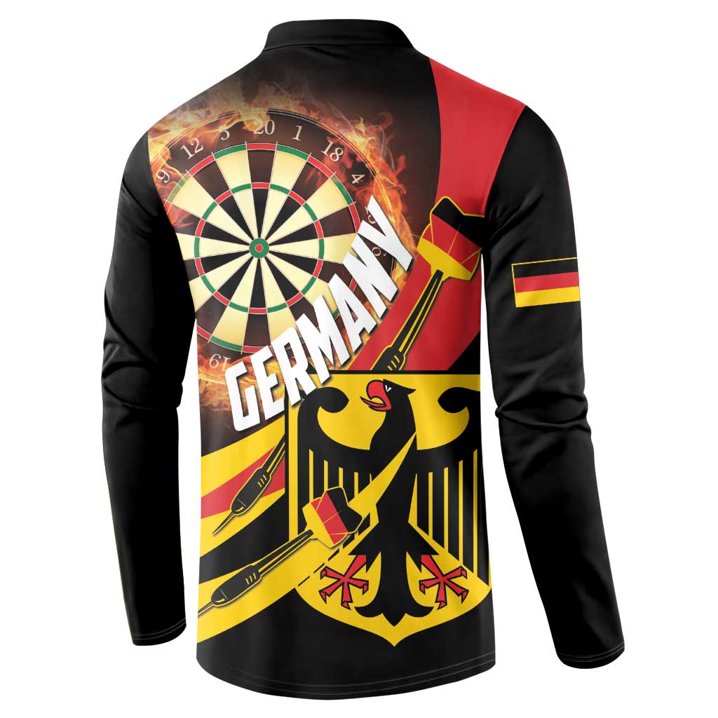 Black button-front sweatshirt with back fiery dartboard and Germany graphic text