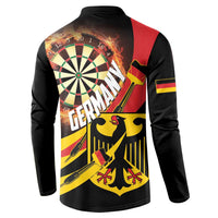 Black button-front sweatshirt with back fiery dartboard and Germany graphic text