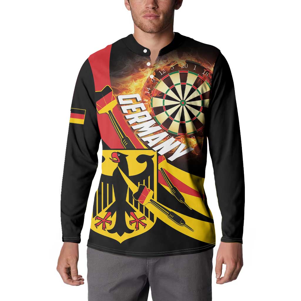 Black button-front sweatshirt on model, flaming dartboard and Germany flag design