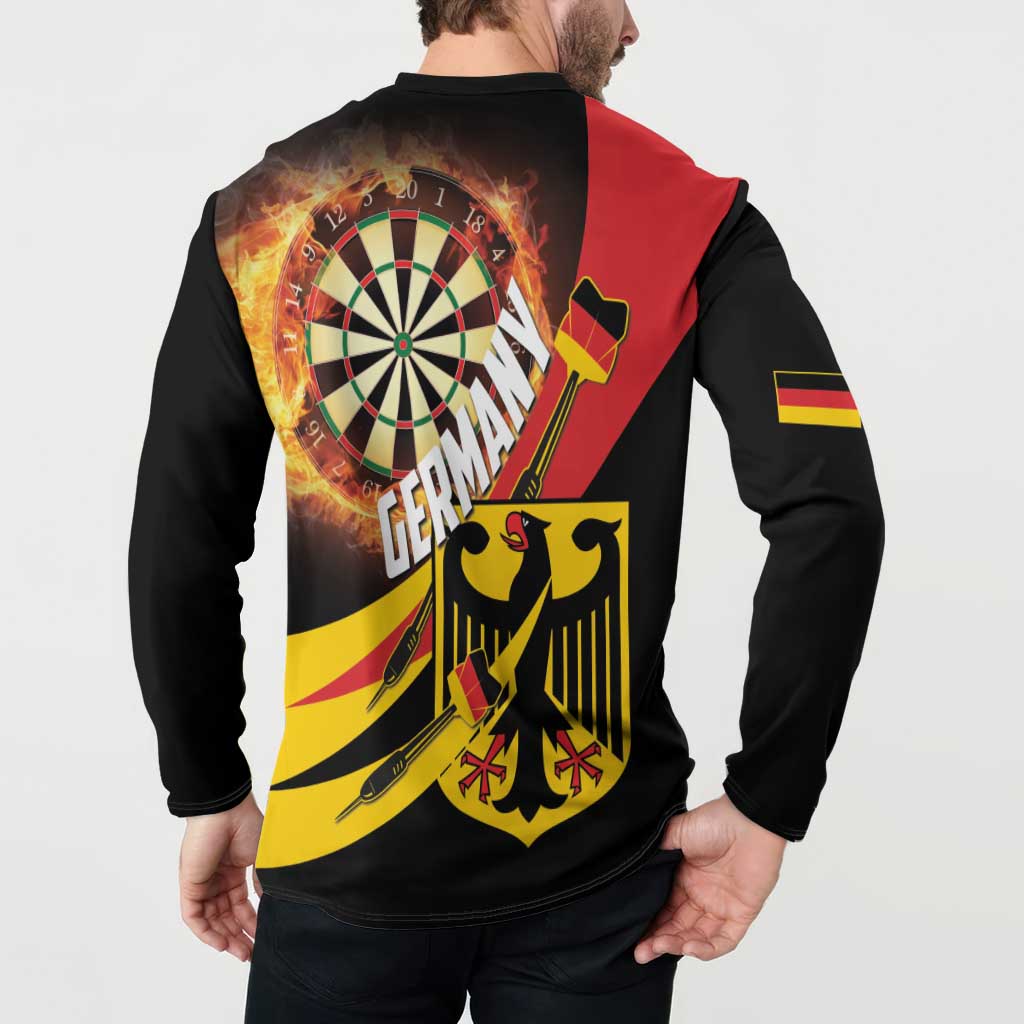 Black button-front sweatshirt on model, back flaming dartboard with Germany flag graphic