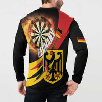 Black button-front sweatshirt on model, back flaming dartboard with Germany flag graphic