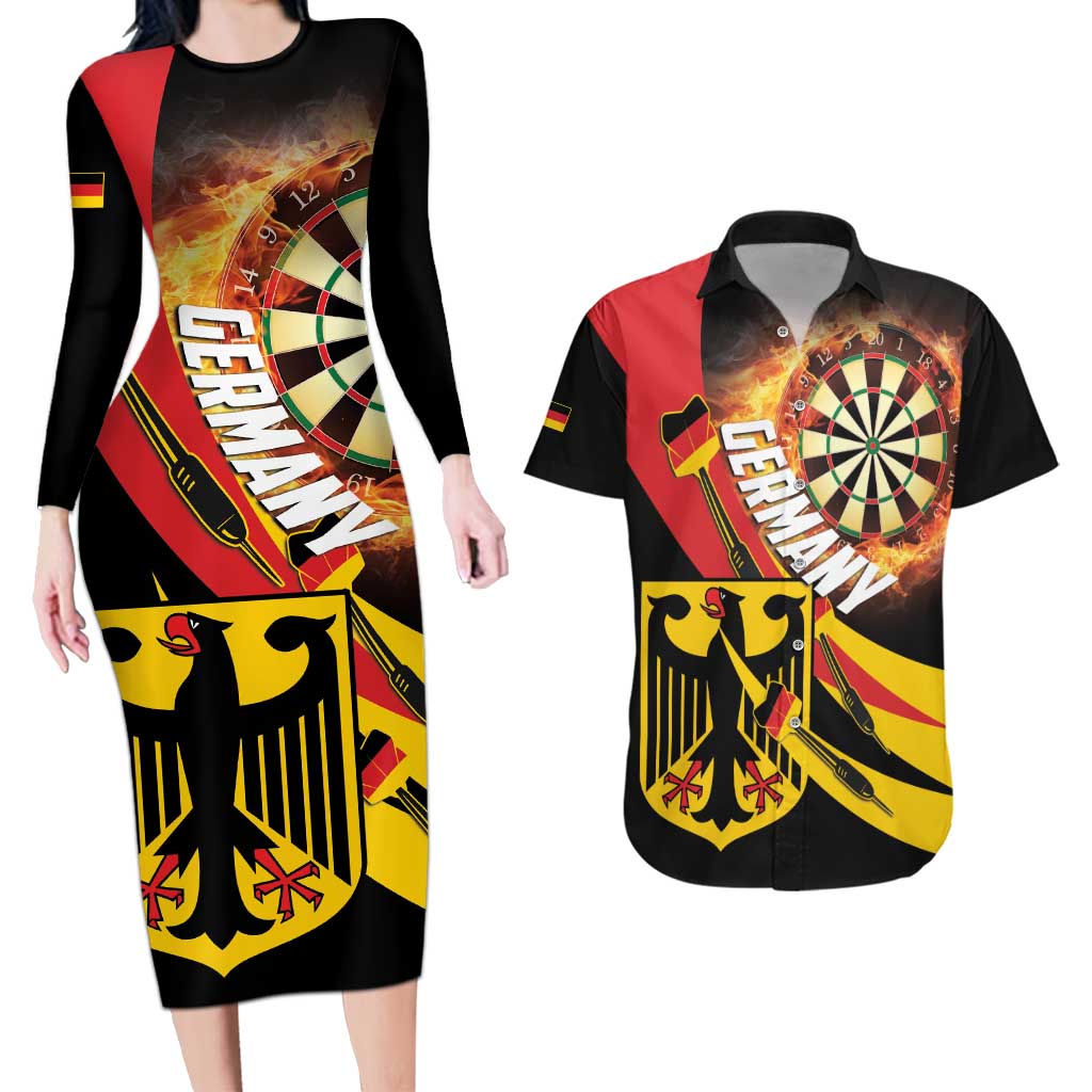 Germany Darts Couples Matching Long Sleeve Bodycon Dress and Hawaiian Shirt Flaming Dartboard Style - Wonder Print Shop