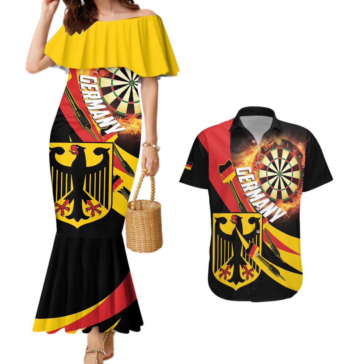 Germany Darts Couples Matching Mermaid Dress and Hawaiian Shirt Flaming Dartboard Style - Wonder Print Shop