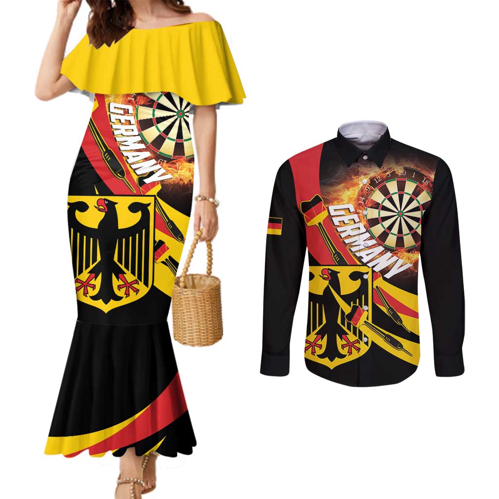 Personalised Germany Darts Couples Matching Mermaid Dress and Long Sleeve Button Shirt Flaming Dartboard Style