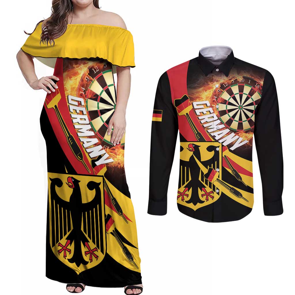 Germany Darts Couples Matching Off Shoulder Maxi Dress and Long Sleeve Button Shirt Flaming Dartboard Style - Wonder Print Shop