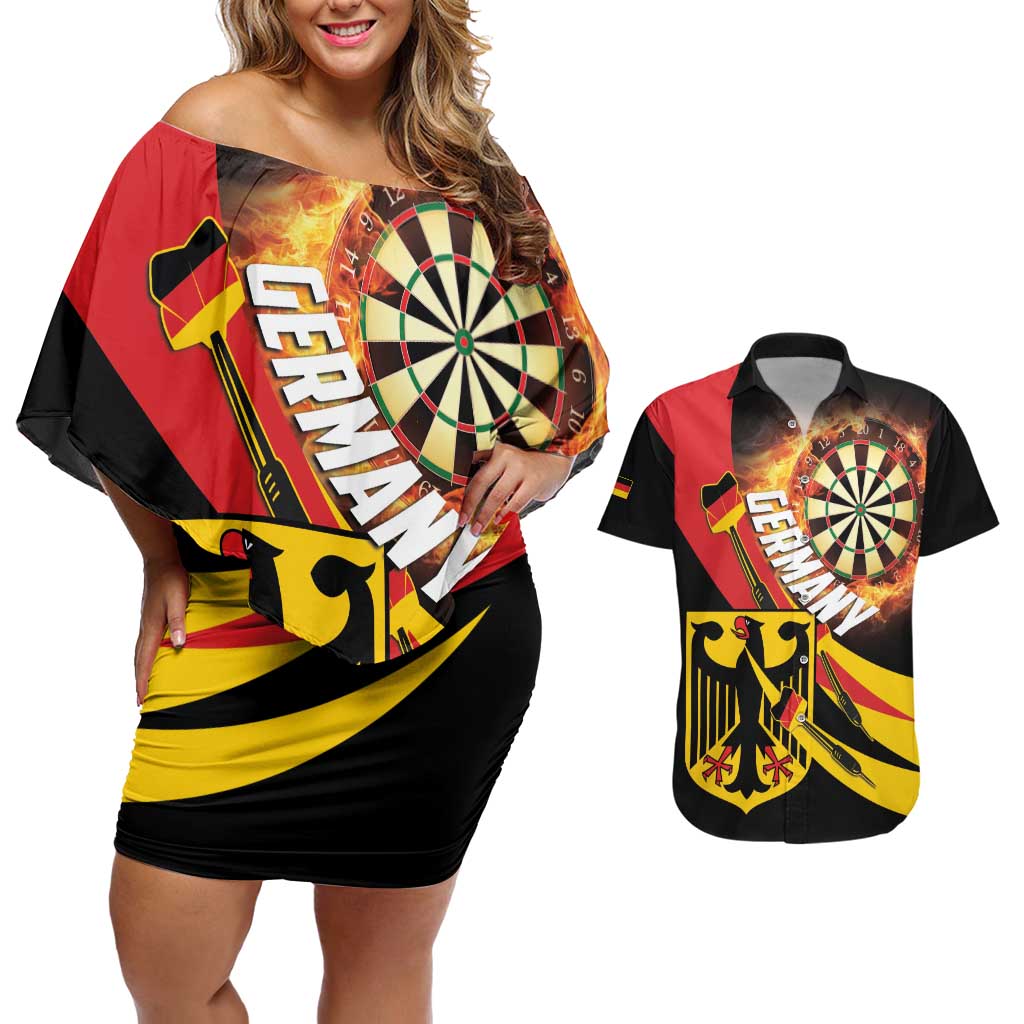 Germany Darts Couples Matching Off Shoulder Short Dress and Hawaiian Shirt Flaming Dartboard Style - Wonder Print Shop