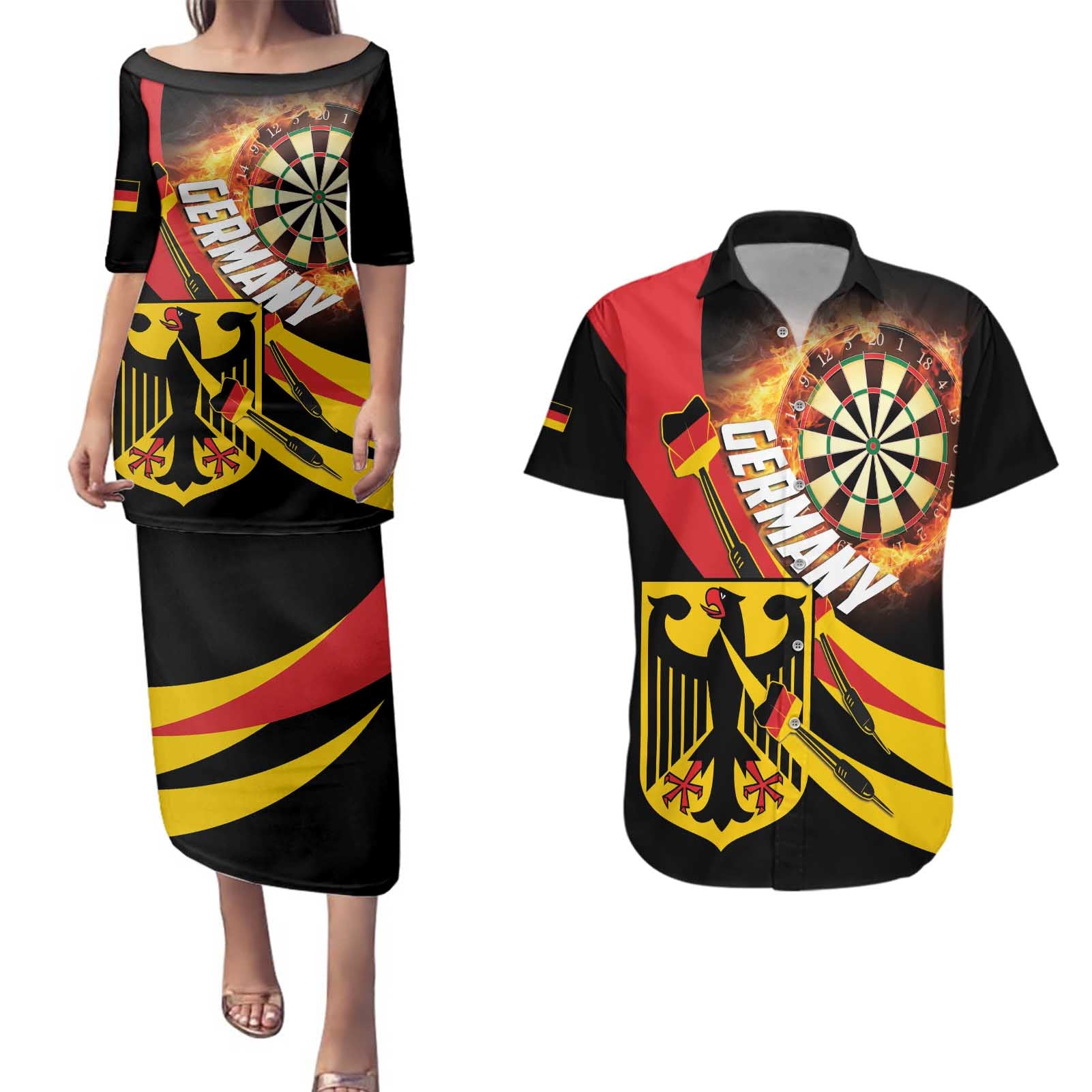 Germany Darts Couples Matching Puletasi and Hawaiian Shirt Flaming Dartboard Style - Wonder Print Shop