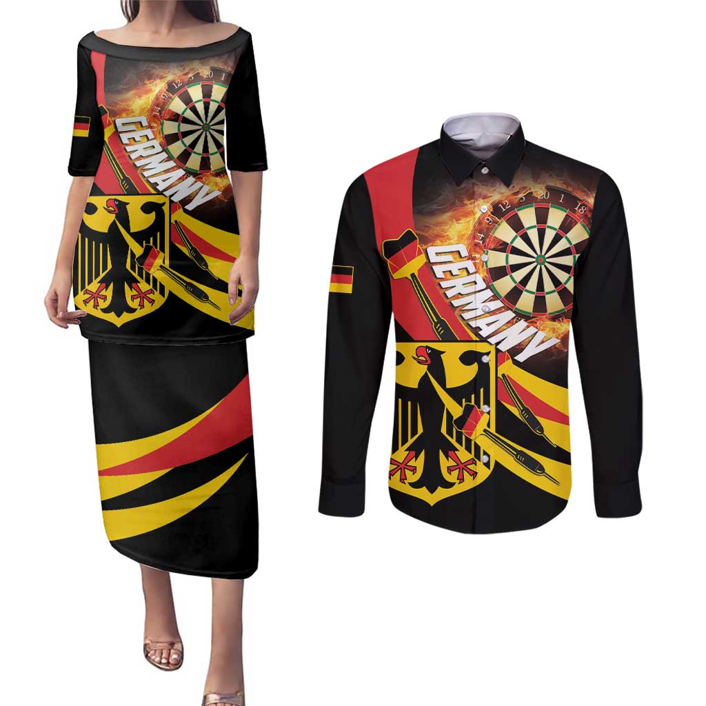 Germany Darts Couples Matching Puletasi and Long Sleeve Button Shirt Flaming Dartboard Style - Wonder Print Shop